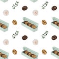 Seamless pattern of watercolor cookies with chocolate chips, roses and eucalyptus branches