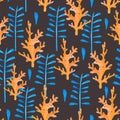 Seamless pattern with watercolor corals and algae branches