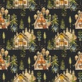 Seamless pattern with watercolor cozy houses and cabins in the forest