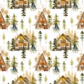 Seamless pattern with watercolor cozy houses and cabins in the forest