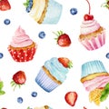 Seamless pattern with watercolor cupcake and fresh blueberry and strawberry isolated on white background Royalty Free Stock Photo