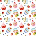 Seamless pattern with watercolor cupcake and fresh blueberry and strawberry isolated on white background Royalty Free Stock Photo