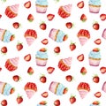 Seamless pattern with watercolor cupcake and fresh strawberry isolated on white background Royalty Free Stock Photo