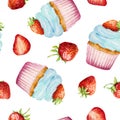 Seamless pattern with watercolor cupcake and fresh strawberry isolated on white background Royalty Free Stock Photo