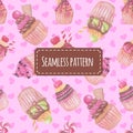 Seamless pattern watercolor cupcake pink