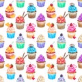 Seamless pattern with watercolor cupcakes.