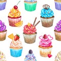 Seamless pattern with watercolor cupcakes.