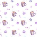 Seamless pattern with watercolor cups of cocoa and marshmallows