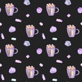 Seamless pattern with watercolor cups of cocoa and marshmallows