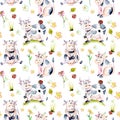 Seamless pattern with watercolor cute cartoon cows, ladybugs and simple flowers Royalty Free Stock Photo