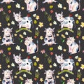 Seamless pattern with watercolor cute cartoon cows, ladybugs and simple flowers Royalty Free Stock Photo