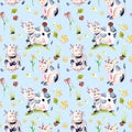 Seamless pattern with watercolor cute cartoon cows, ladybugs and simple flowers Royalty Free Stock Photo