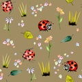 Seamless pattern with watercolor cute cartoon ladybugs and simple flowers Royalty Free Stock Photo