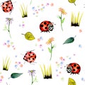 Seamless pattern with watercolor cute cartoon ladybugs and simple flowers Royalty Free Stock Photo