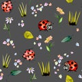 Seamless pattern with watercolor cute cartoon ladybugs and simple flowers Royalty Free Stock Photo