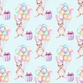 Seamless pattern with watercolor cute festive rabbits, gift boxes and air balloons illustrations Royalty Free Stock Photo