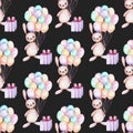 Seamless pattern with watercolor cute festive rabbits, gift boxes and air balloons illustrations Royalty Free Stock Photo