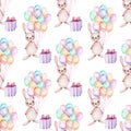 Seamless pattern with watercolor cute festive rabbits, gift boxes and air balloons illustrations Royalty Free Stock Photo