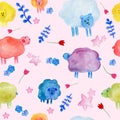 Seamless pattern with watercolor cute sheeps, flowers and stars illustrations Royalty Free Stock Photo