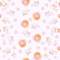 Seamless pattern light pink with watercolor cute sheeps and stars.