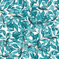 Seamless Pattern of Watercolor Deep Blue Flowers