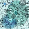 Seamless pattern with watercolor deepwater living organisms