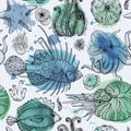 Seamless pattern with watercolor deepwater organisms