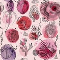Seamless pattern with watercolor deepwater organisms