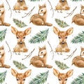 Seamless pattern with watercolor deers, baby deers and fern leaves