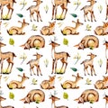 Seamless pattern with watercolor deers, baby deers and floral elements