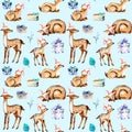 Seamless pattern with watercolor deers in Christmas hats, baby deers and gift boxes