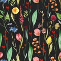 Seamless pattern of watercolor different summer wildflowers