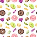 Seamless pattern with watercolor donuts, macaroons and candies isolated on white background Royalty Free Stock Photo