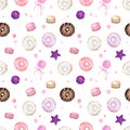 Seamless pattern with watercolor donuts, macaroons and candies isolated on white background Royalty Free Stock Photo