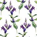 Seamless pattern with watercolor drawing blue bell flowers