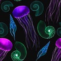 Seamless pattern with watercolor drawing of sea animals in neon colors. transparent jellyfish, seashells on a dark background, flu