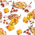 Seamless pattern of watercolor drawing set of autumn leaves and small ornamental paradise apples Royalty Free Stock Photo