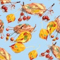 Seamless pattern of watercolor drawing set of autumn leaves and small ornamental paradise apples on a light blue background Royalty Free Stock Photo