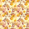 Seamless pattern of watercolor drawing set of autumn leaves and small ornamental paradise apples on a yellow background Royalty Free Stock Photo