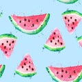 Seamless pattern Watercolor drawing of slices of watermelon with seeds and paint splashes. Large pieces of watermelon on a blue