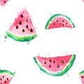 Seamless pattern Watercolor drawing of slices of watermelon with seeds and paint splashes. Pieces of watermelon on a white