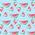 Seamless pattern Watercolor drawing of slices of watermelon with seeds and paint splashes. Small pieces of watermelon on a blue