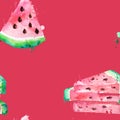 Seamless pattern Watercolor drawing of slices of watermelons with seeds and paint splashes. Large pieces of watermelon on a red