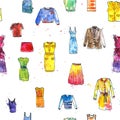 Seamless pattern with watercolor drawing women`s dresses