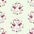 Seamless pattern from watercolor drawings of cartoon pink flamingos, flying dragonflies and water lilies Royalty Free Stock Photo