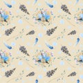 Seamless pattern with watercolor drawings of a nest with bird eggs, twigs and feathers on a beige background. Easter background Royalty Free Stock Photo