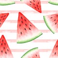 Seamless pattern of watercolor drawings of a slice of red watermelon