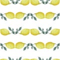 Seamless pattern from watercolor drawings of yellow ripe lemons with green leaves