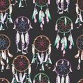 Seamless pattern with watercolor dreamcatchers, hand drawn on a dark background