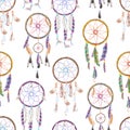 Seamless pattern with watercolor dreamcatchers, hand drawn on a white background